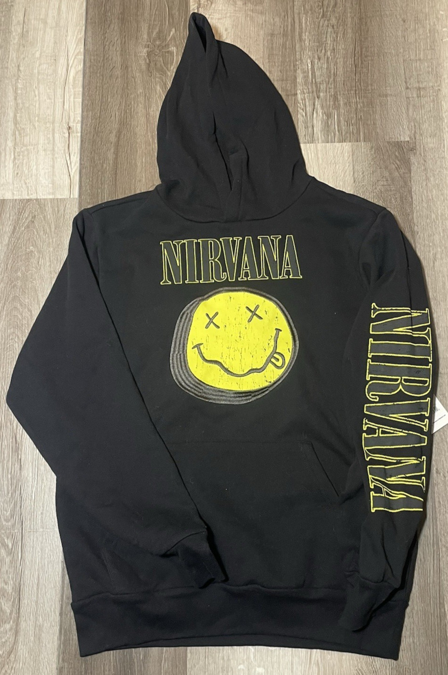 (NWT) Nirvana Hoodie Smiley Face Graphic Sweatshirt Size Medium Black Unisex